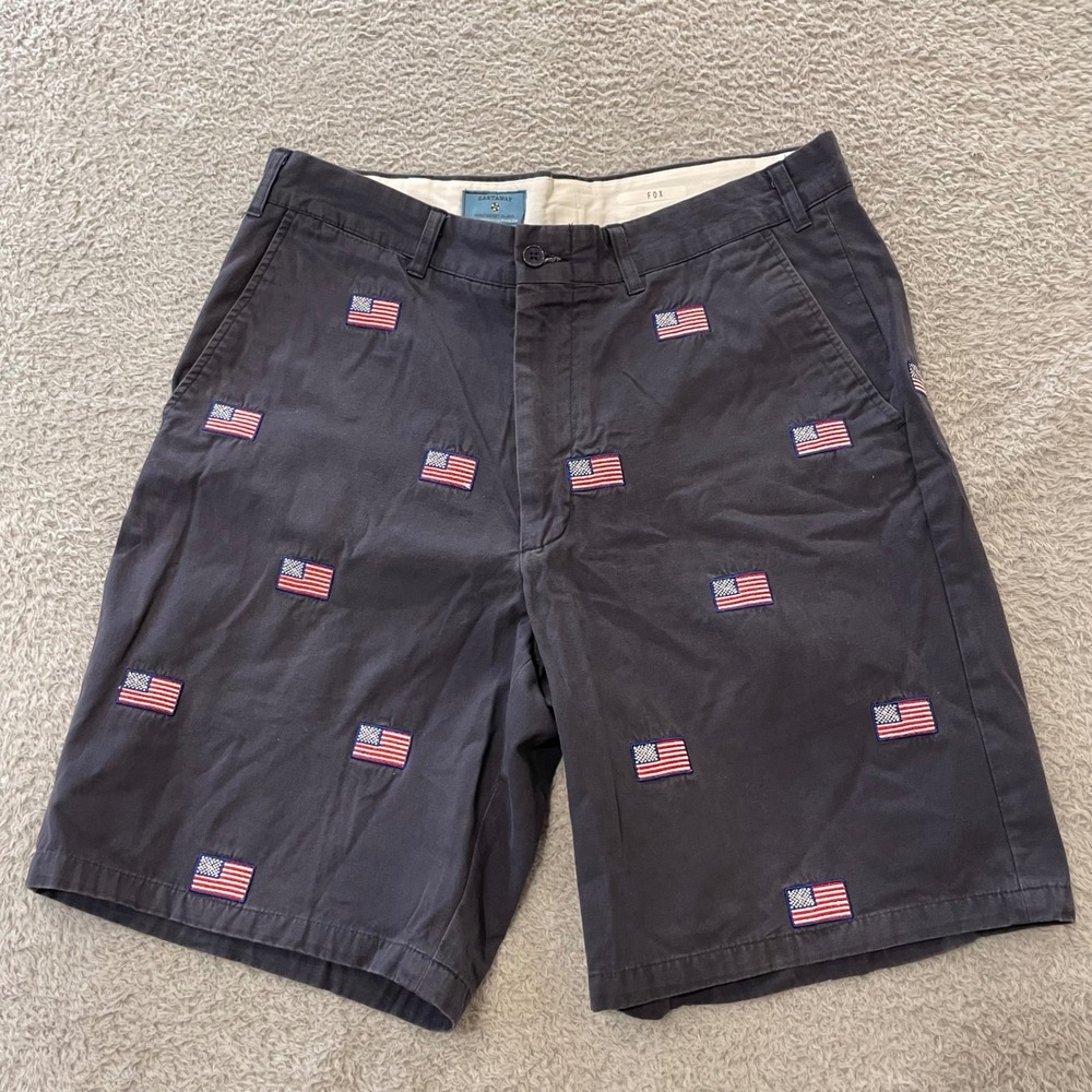 Castaway Nantucket Island USA Flag Shorts Mens 34 Navy Embroidered 8.5" Inseam
